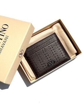 Valentino Garavani VLogo Dark Brown Perforated Leather Card Case New